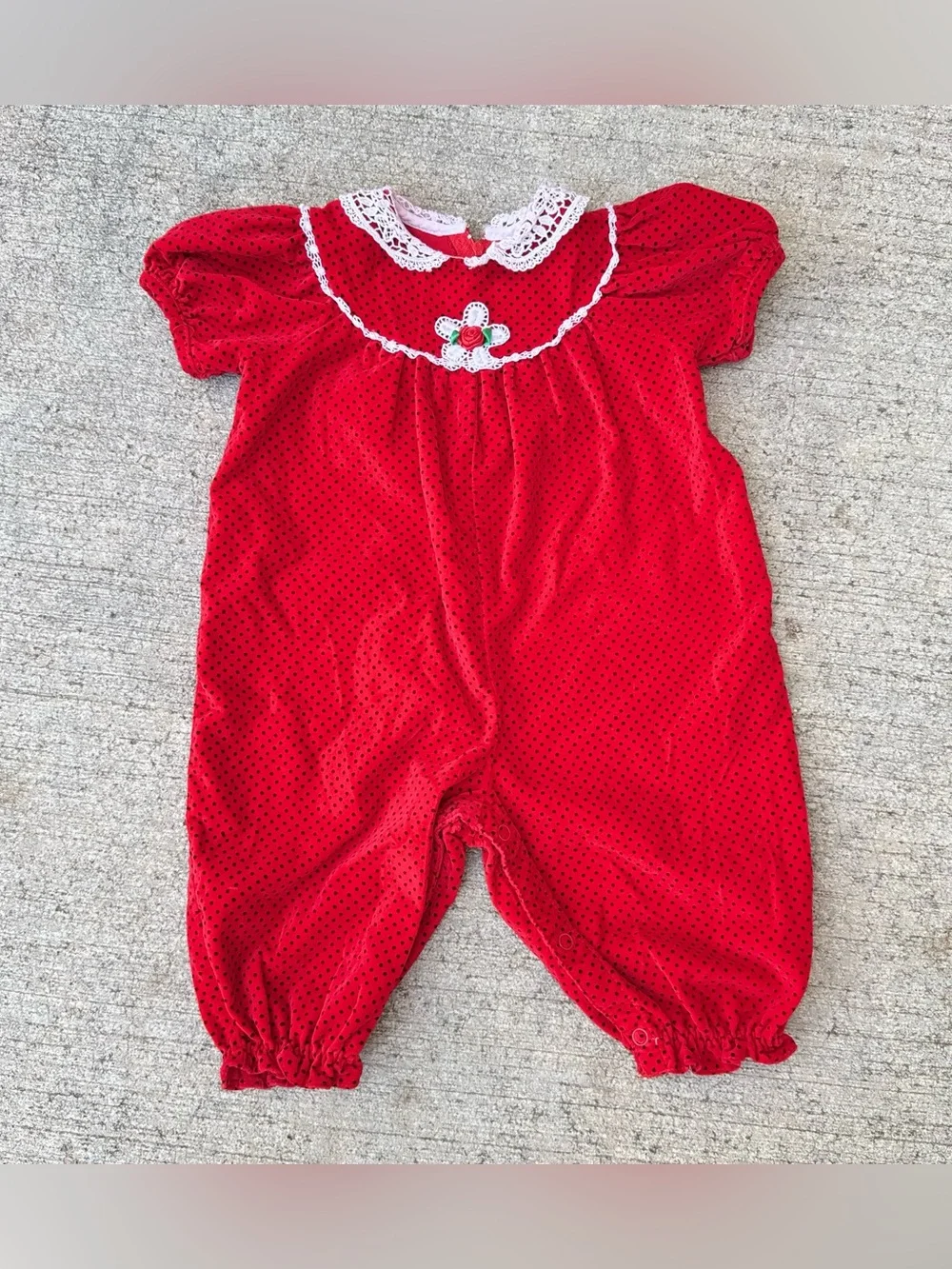 Vintage 80s Red W/ Black Polka Dot White Lace Bubble Baby Girl Romper 6-9 Months